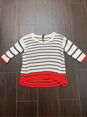 Razzle Dazzle Striped Knit Sweater Top with Red Accent and Half-sleeves